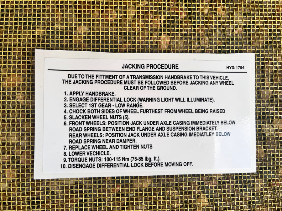 Land Rover Perentie Jacking Procedure Decal